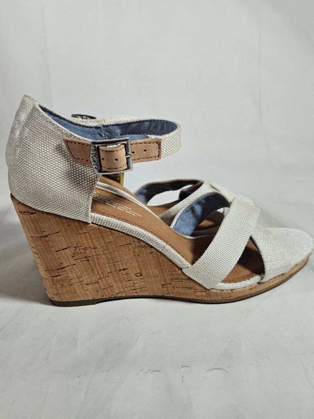 Toms Sienna Cork Wedge Heels Sandals Women's Size 8.5 Natural Yarn Dye Tan - Picture 3 of 9